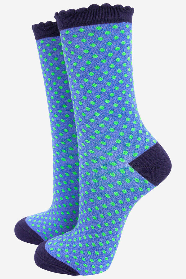 Women's Cotton Glitter Socks Polka Dot Spots in Navy & Green: UK 3-7 | EU 36-40