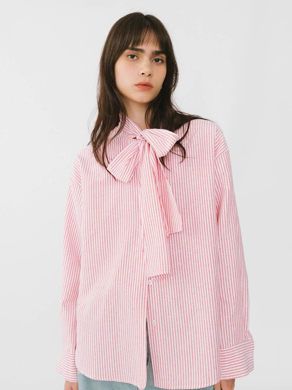 Pinstripe Long Sleeves Shirt with Tie Down Collar