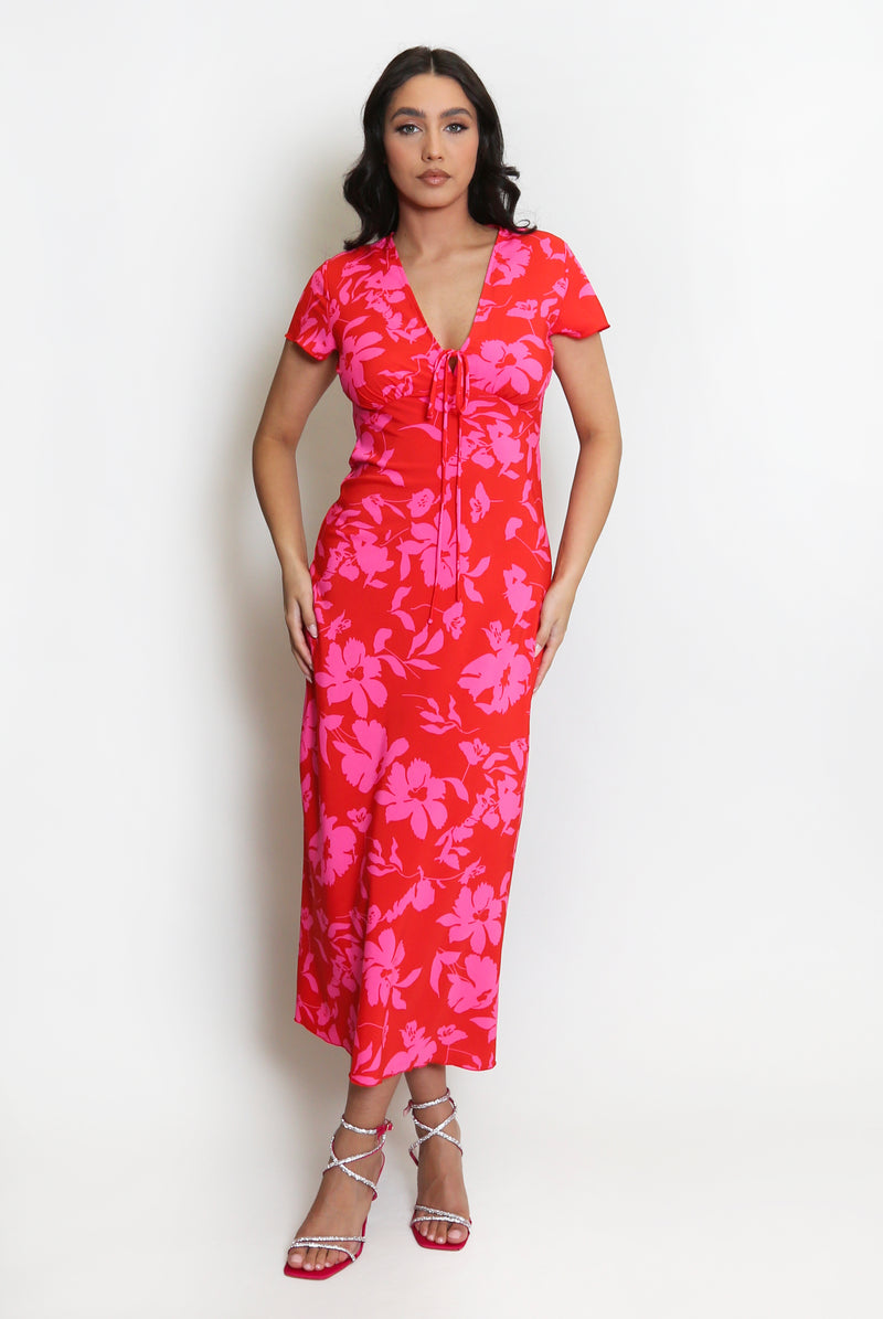 Red and Pink V-Neck Floral Maxi Dress