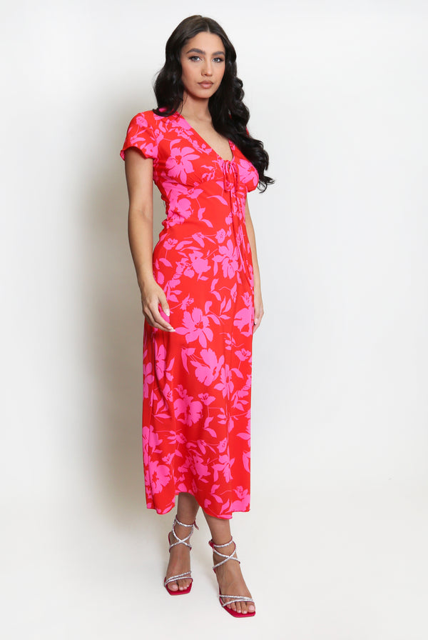 Red and Pink V-Neck Floral Maxi Dress