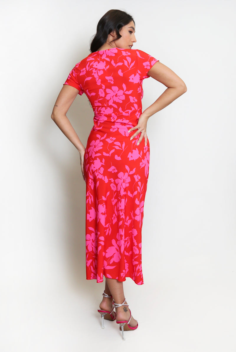 Red and Pink V-Neck Floral Maxi Dress