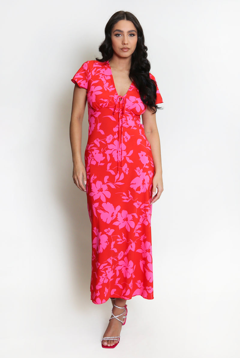 Red and Pink V-Neck Floral Maxi Dress