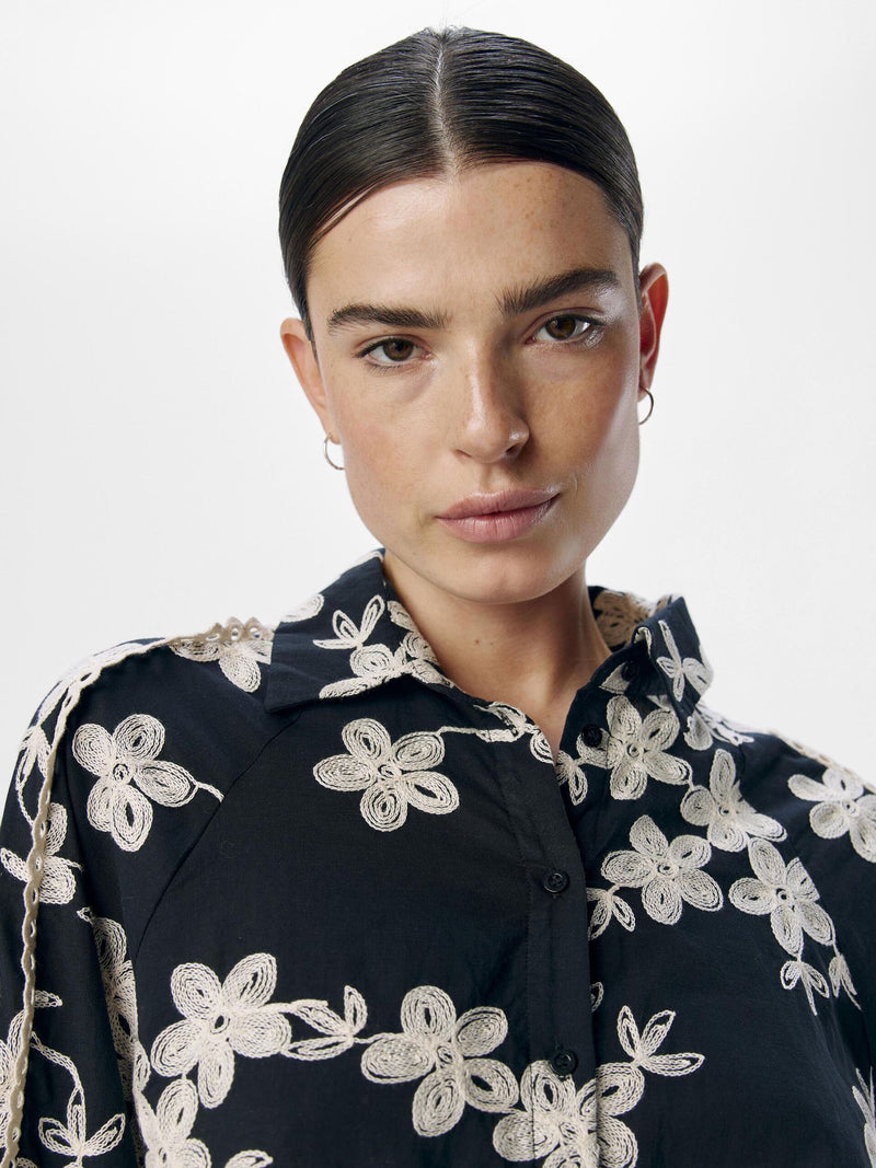 Embroidered Floral Black and White Shirt