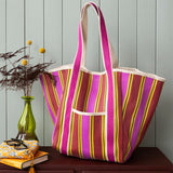 Striped Recycled Woven Tote Bag with Canvas Handles - Yellow, Pink & Red