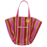 Striped Recycled Woven Tote Bag with Canvas Handles - Yellow, Pink & Red