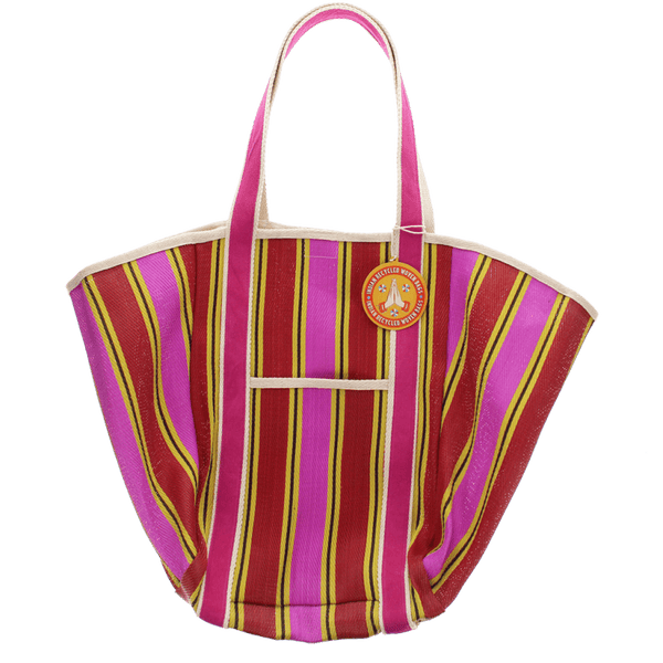 Striped Recycled Woven Tote Bag with Canvas Handles - Yellow, Pink & Red