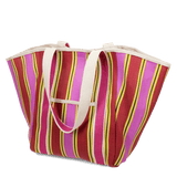 Striped Recycled Woven Tote Bag with Canvas Handles - Yellow, Pink & Red