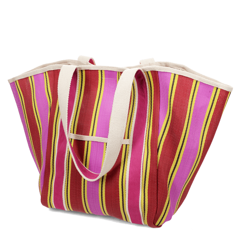 Striped Recycled Woven Tote Bag with Canvas Handles - Yellow, Pink & Red