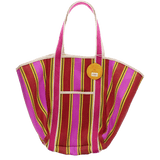 Striped Recycled Woven Tote Bag with Canvas Handles - Yellow, Pink & Red