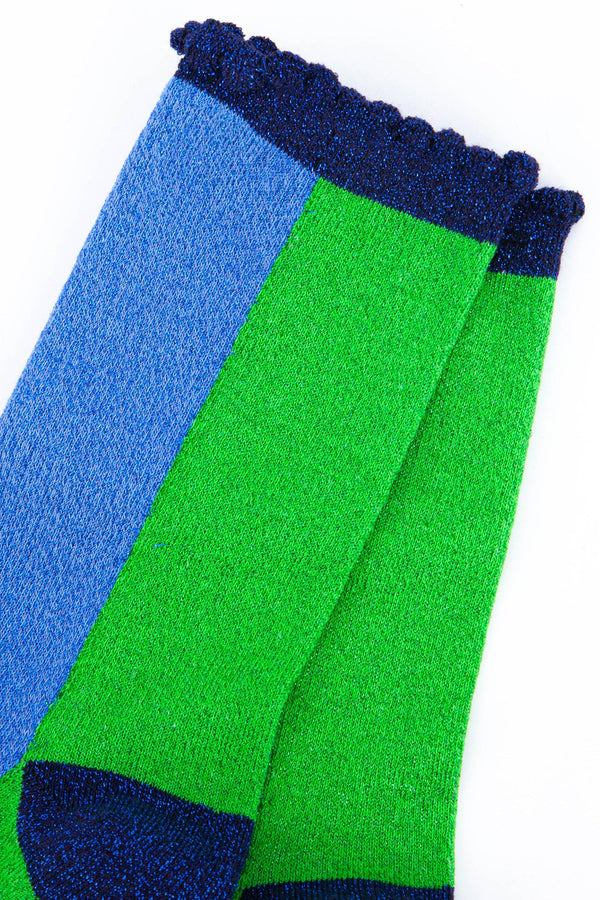Women's Cotton Glitter Socks Colour Block Blue & Green: UK 3-7 | EU 36-40