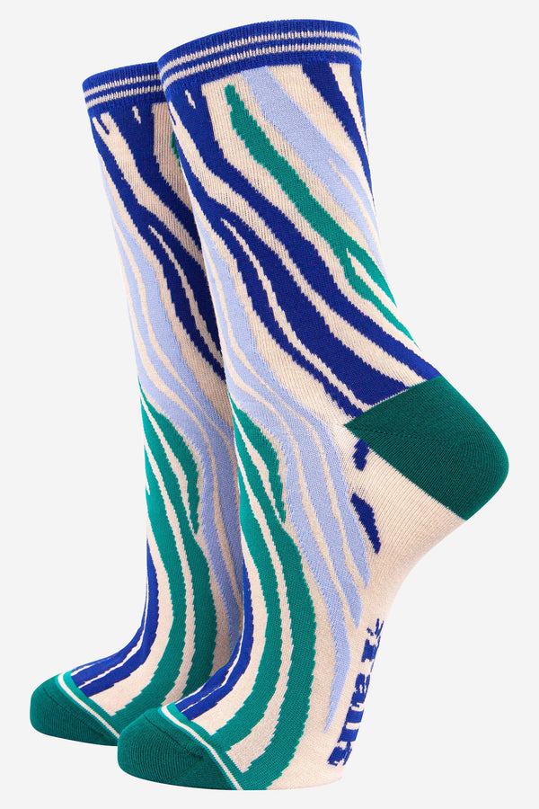 Women's Zebra Print Bamboo Socks in Green Blue: UK 3-7 | EU 36-40