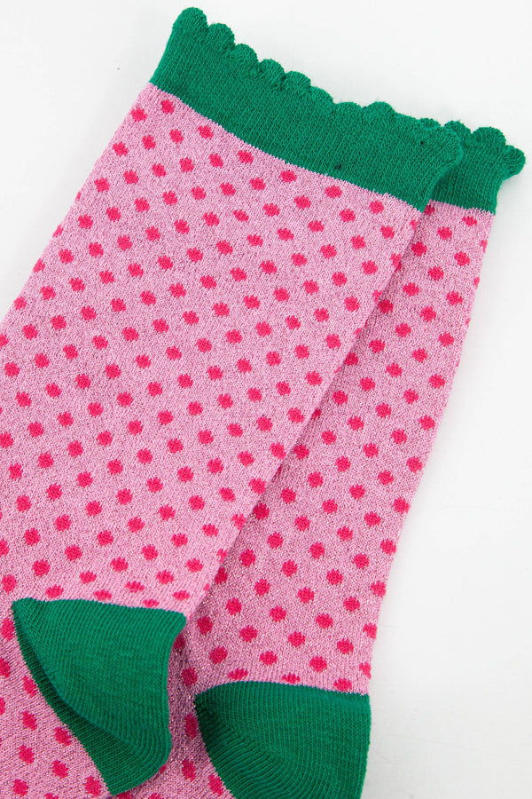 Women's Cotton Glitter Socks Polka Dot Spots in Pink & Green: UK 3-7 | EU 36-40