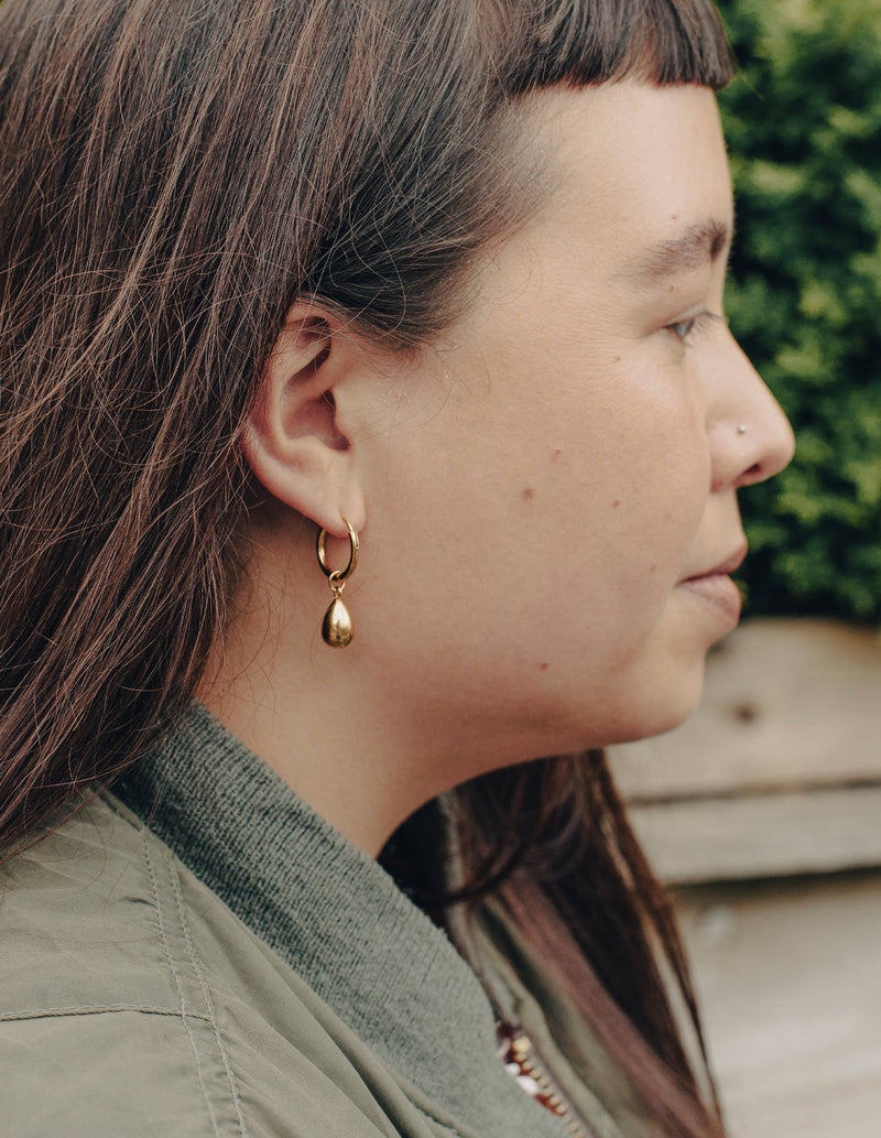 Gold Drop Hoop Earrings, Waterproof