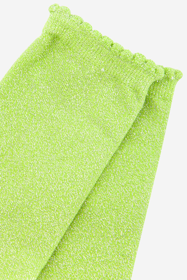 Womens Glitter Ankle Socks Scalloped Cuff in Lime Green: UK 3-7 | EU 36-40 | US 5-9