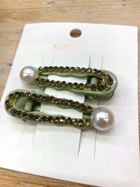 Green Pearl and Rhinestone Hair Clips - 2 Pack