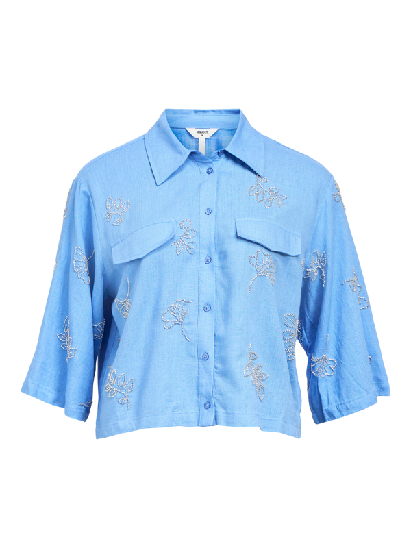 Cropped Cornflower Blue Shirt with Beaded Embroidered Detail