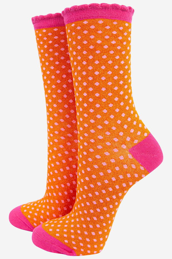 Women Cotton Glitter Socks Polka Dot Spots in Orange & Pink: UK 3-7 | EU 36-40