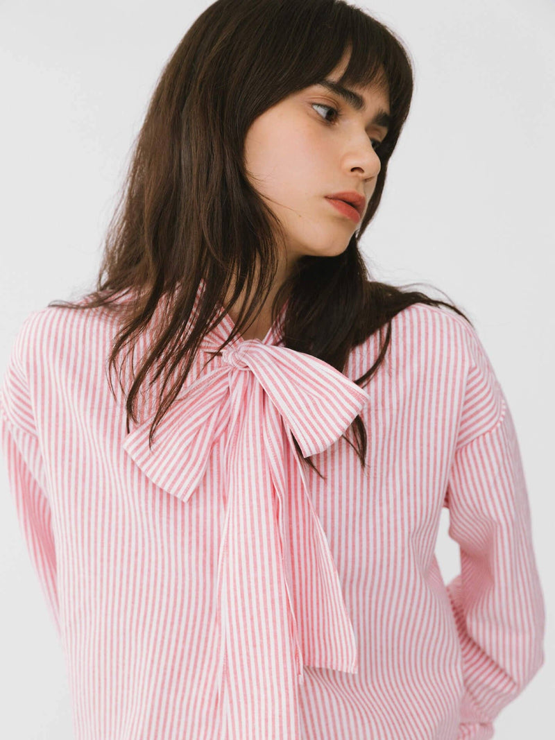 Pinstripe Long Sleeves Shirt with Tie Down Collar