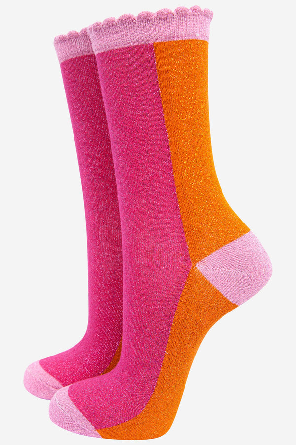 Women's Cotton Glitter Socks Colour Block in Pink & Orange: UK 3-7 | EU 36-40