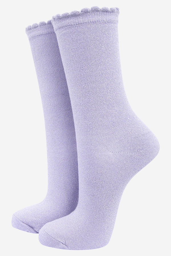 Womens Cotton Glitter Ankle Socks Scalloped Cuff in Lilac: UK 3-7 | EU 36-40 | US 5-9