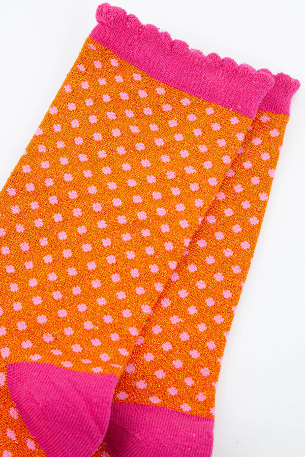 Women Cotton Glitter Socks Polka Dot Spots in Orange & Pink: UK 3-7 | EU 36-40