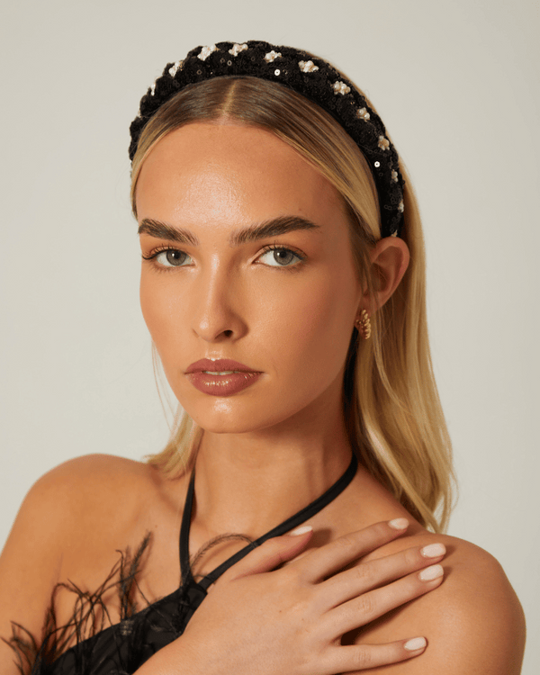 Pearl and Bead Embellished Headband in Black and Ivory